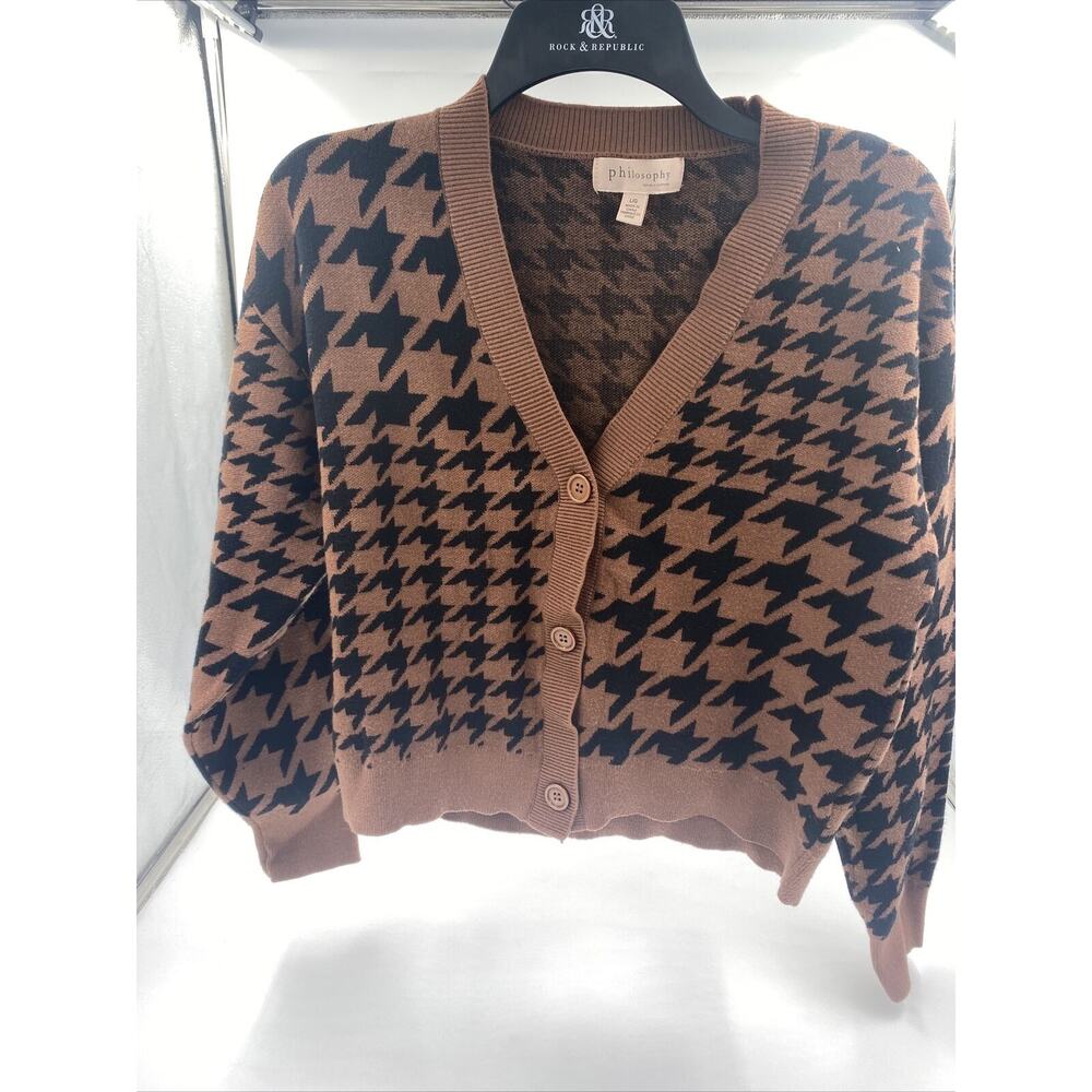Philosophy Women’s Cropped Sweater Sz L Houndstooth Long Sleeves Beige